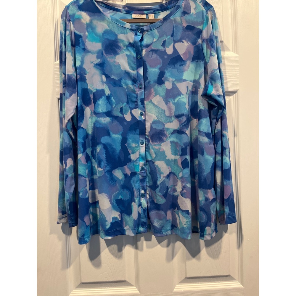 LOGO Lori Goldstein Womens 1X Blue Watercolor Mesh Button Front Cardigan Top